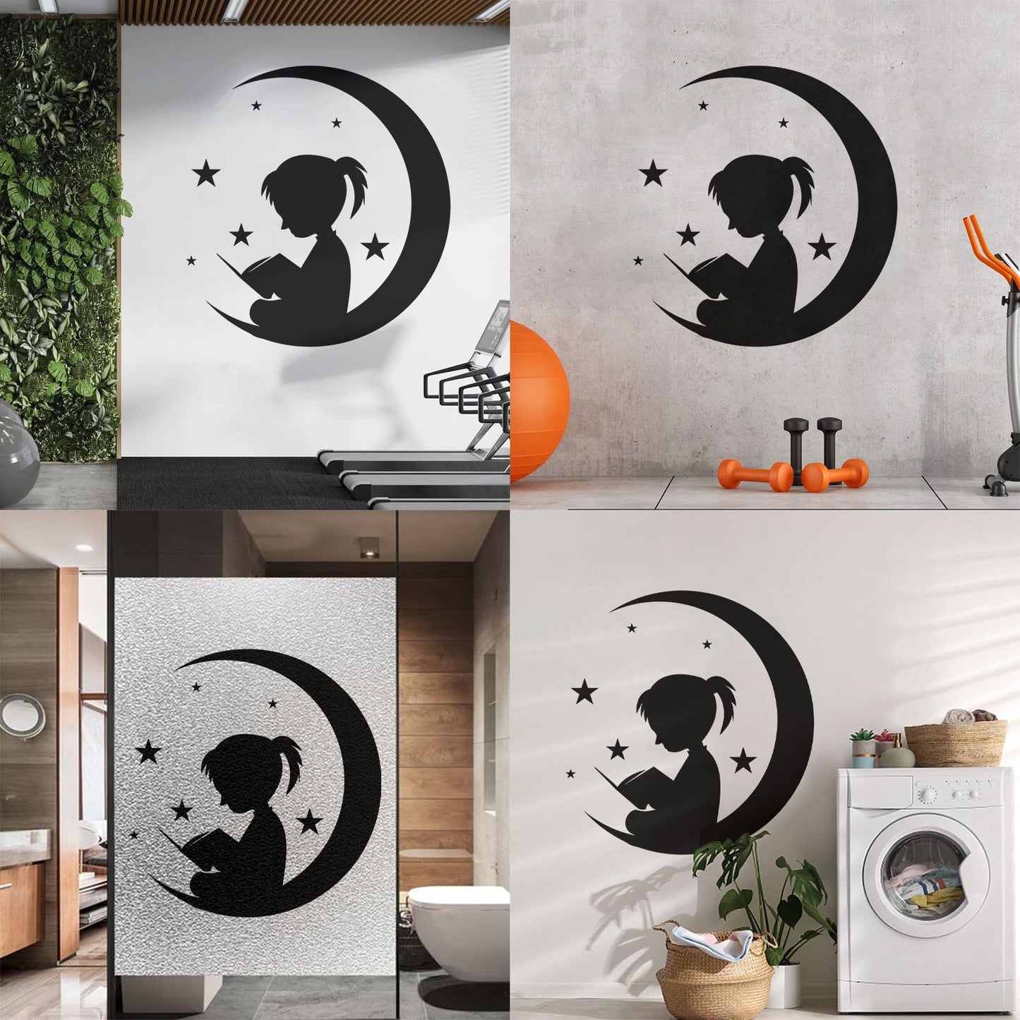 Wall Vinyl Sticker Decor Moon And Girl Stars Reading Book Shop Store Nursery Multiple Size Options