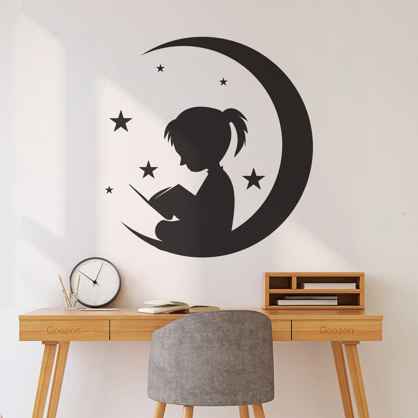 Wall Vinyl Sticker Decor Moon And Girl Stars Reading Book Shop Store Nursery Multiple Size Options