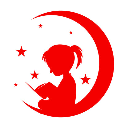 Wall Vinyl Sticker Decor Moon And Girl Stars Reading Book Shop Store Nursery Multiple Size Options