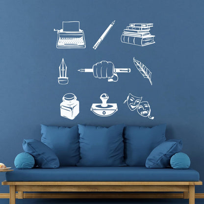 Wall Decals Paster Paper Typewriter Writer Journalist Books Theatrical Masks It Won'T Fall Off