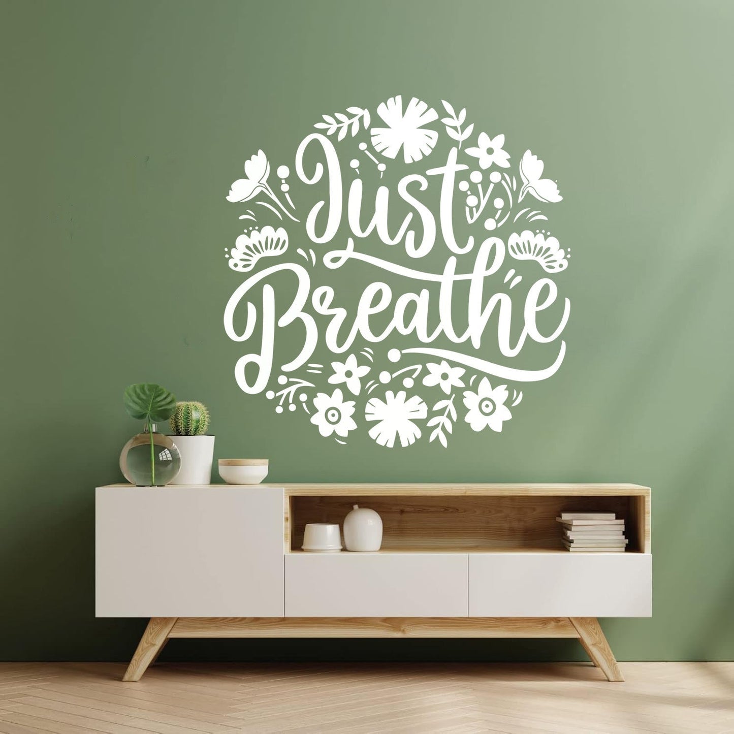 Vinyl Wall Decals Just Breathe Text Lettering Floral Ornament Art Mural Painting