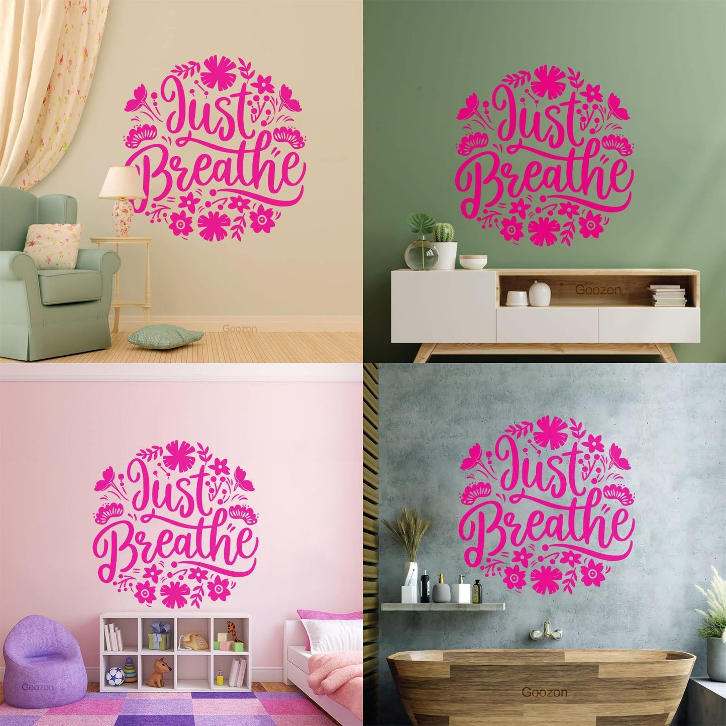 Vinyl Wall Decals Just Breathe Text Lettering Floral Ornament Art Mural Painting