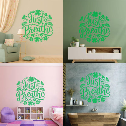 Vinyl Wall Decals Just Breathe Text Lettering Floral Ornament Art Mural Painting