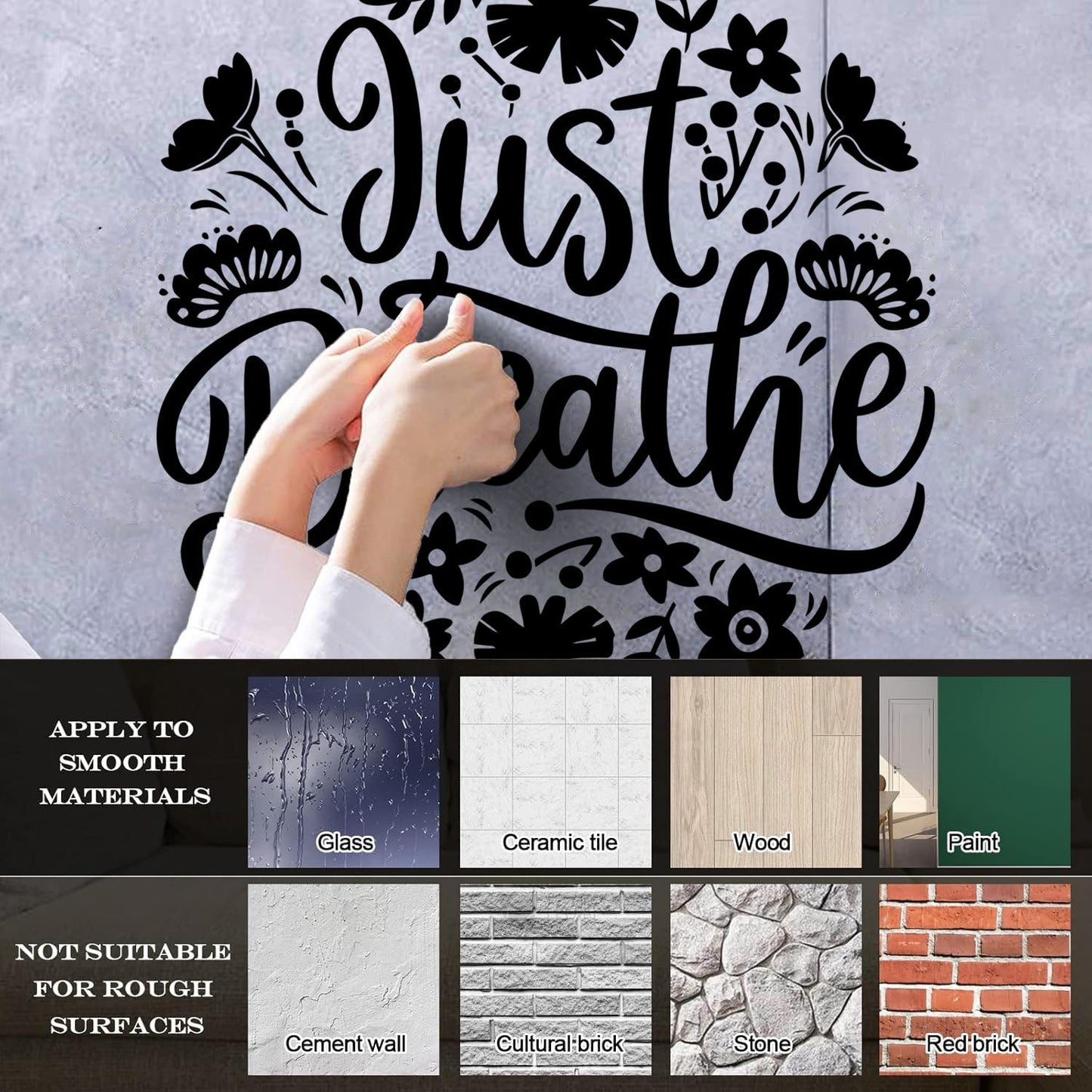 Vinyl Wall Decals Just Breathe Text Lettering Floral Ornament Art Mural Painting