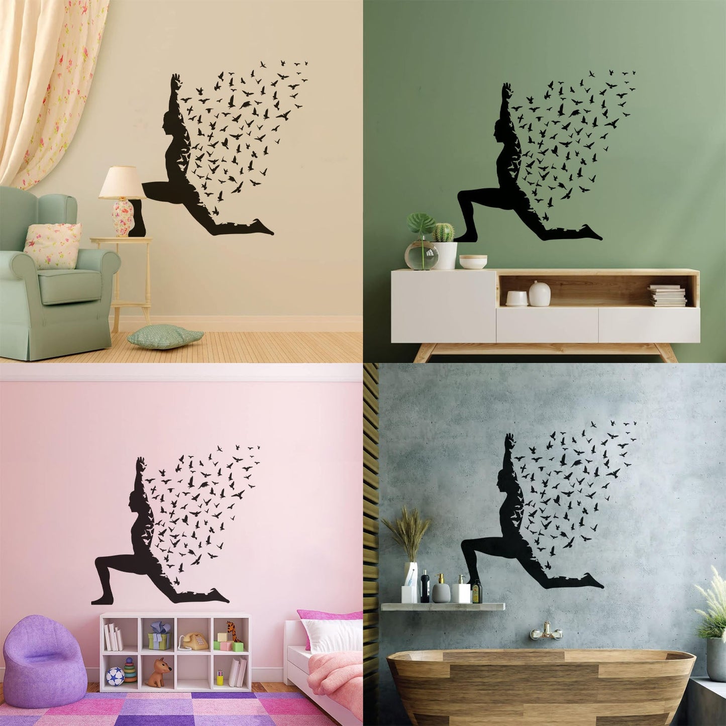 Wall Stickers Paster Paper Yoga Pose With Birds Flying Human Body Yoga Poster Art Mural Painting