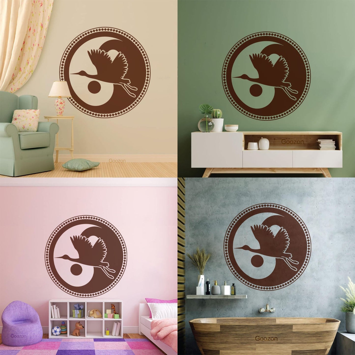 Wall Decals Asian Japanese Bird Crane Yin Yang Symbol Buddhism It Won'T Fall Off