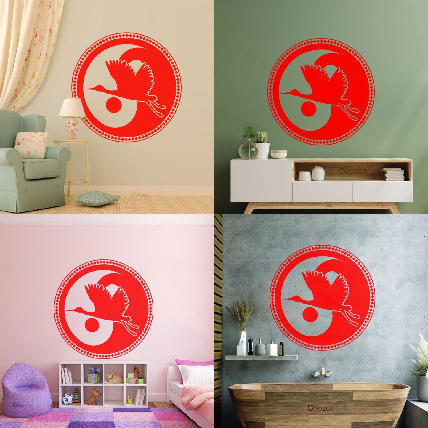 Wall Decals Asian Japanese Bird Crane Yin Yang Symbol Buddhism It Won'T Fall Off