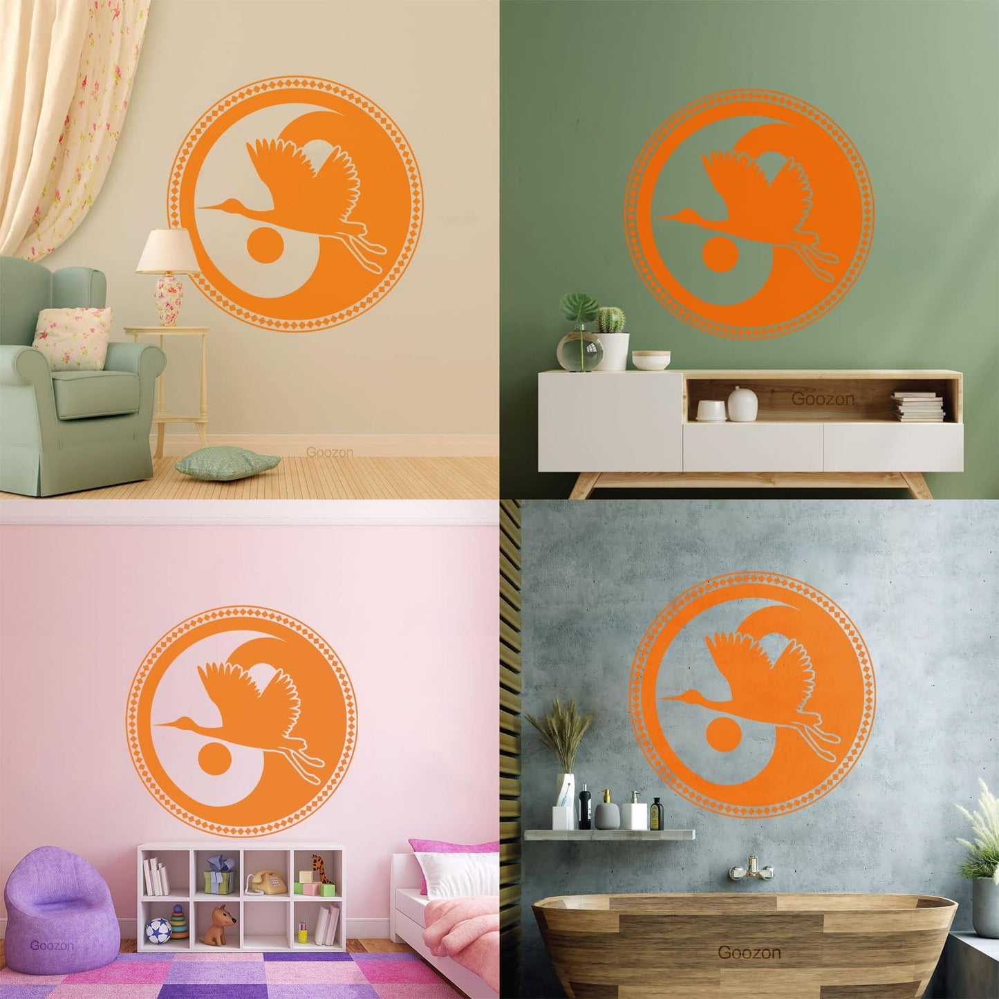 Wall Decals Asian Japanese Bird Crane Yin Yang Symbol Buddhism It Won'T Fall Off