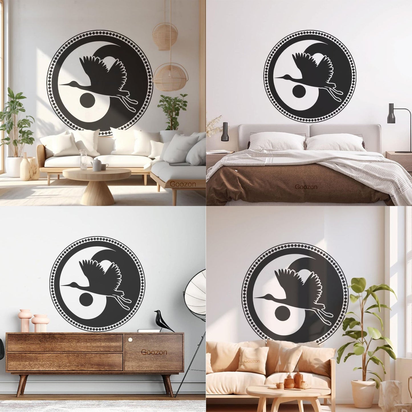 Wall Decals Asian Japanese Bird Crane Yin Yang Symbol Buddhism It Won'T Fall Off