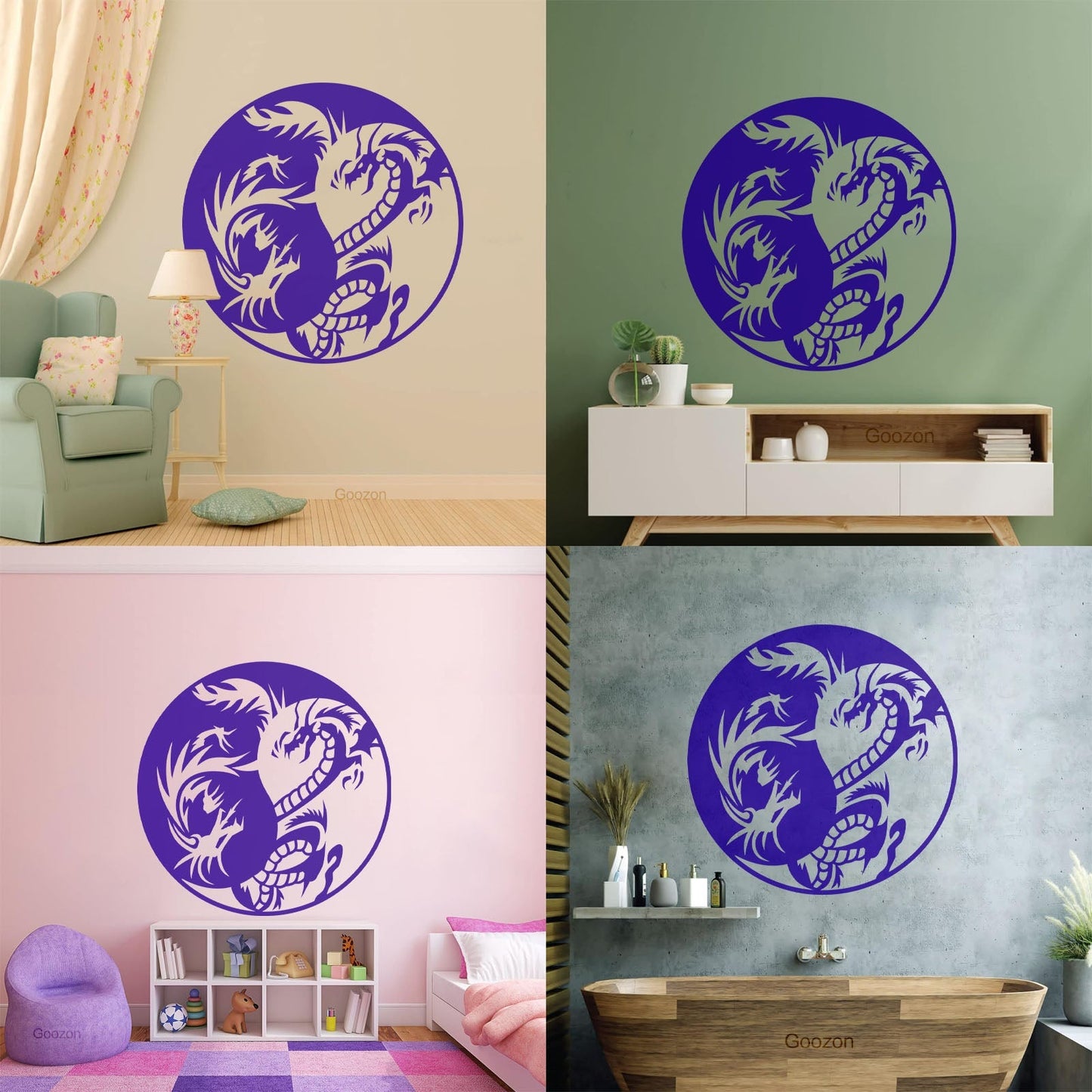 Lettering Decals Couple Dragon Yin Yang Zen Chinese Oriental Symbol Easy Installation