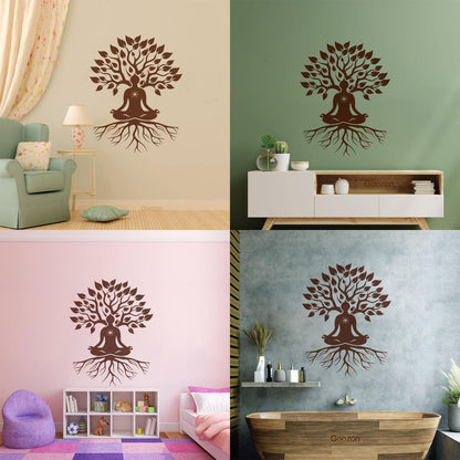 Meditation Pose Lotus Zen Tree Roots Leaves Wall Stickers Paster Paper Glass Stickers
