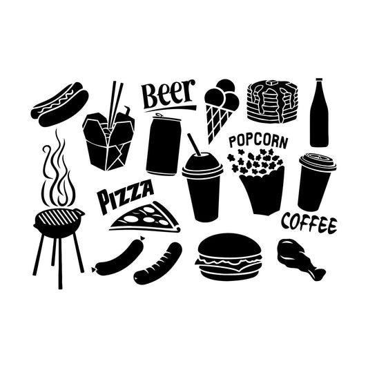 Engraving Decals Fast Food Icons Burger Pizza Popcorn Coffee Tattoo Culture