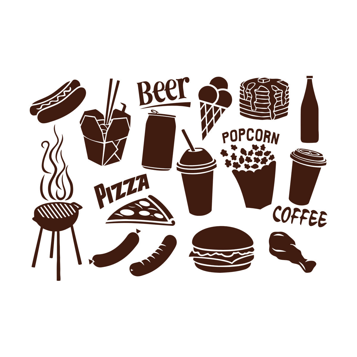 Engraving Decals Fast Food Icons Burger Pizza Popcorn Coffee Tattoo Culture