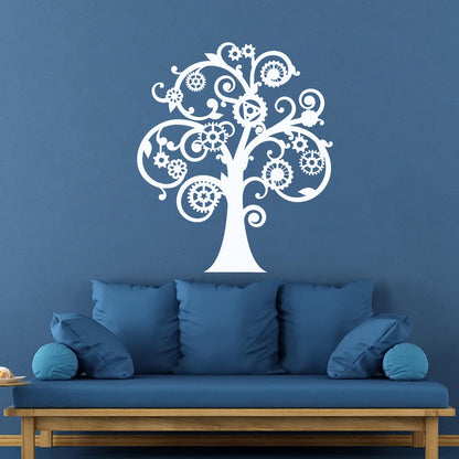 Wall Vinyl Sticker Decor Mechanical Tree Steampunk Gears Glass Stickers