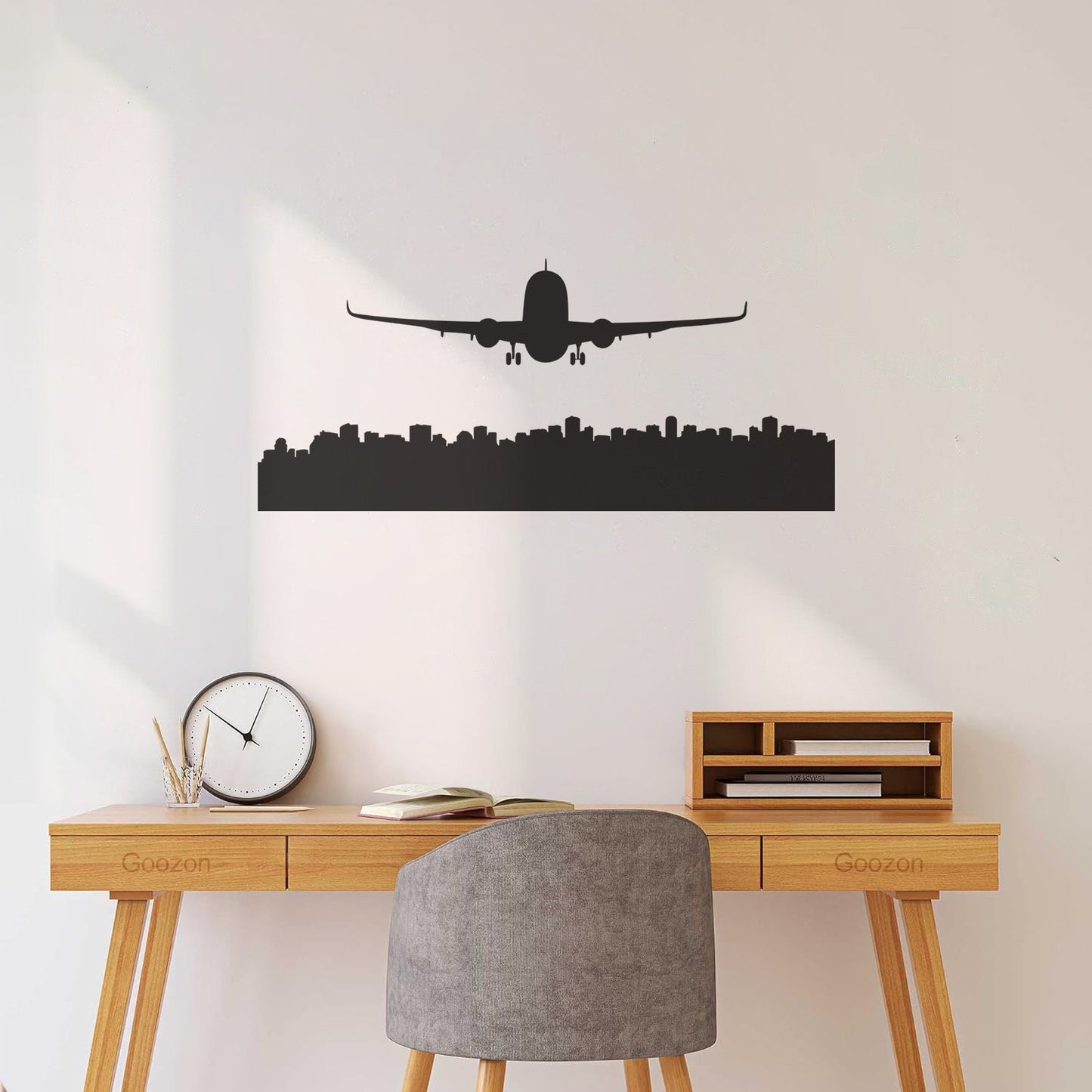 Skyscraper Skyline City Country Silhouette Airplane Plane Lettering Decals Glass Stickers