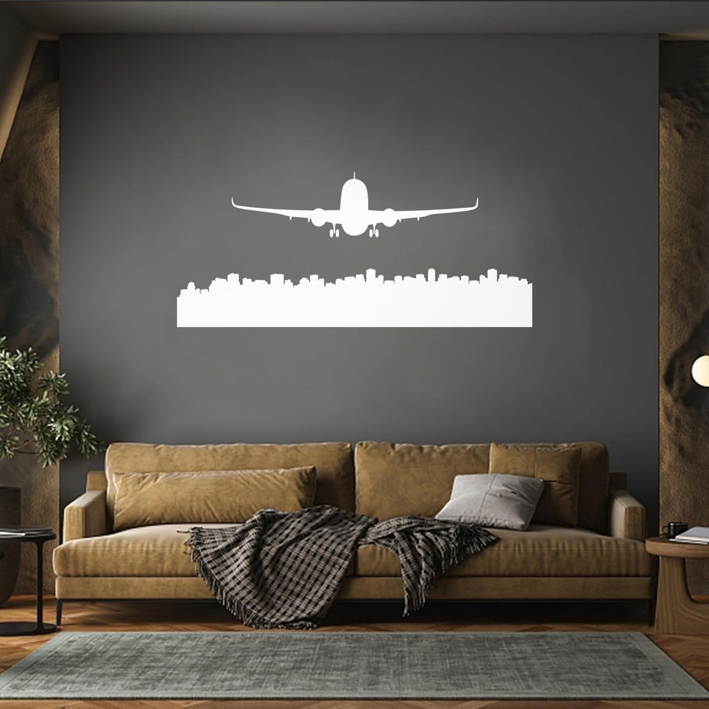 Skyscraper Skyline City Country Silhouette Airplane Plane Lettering Decals Glass Stickers