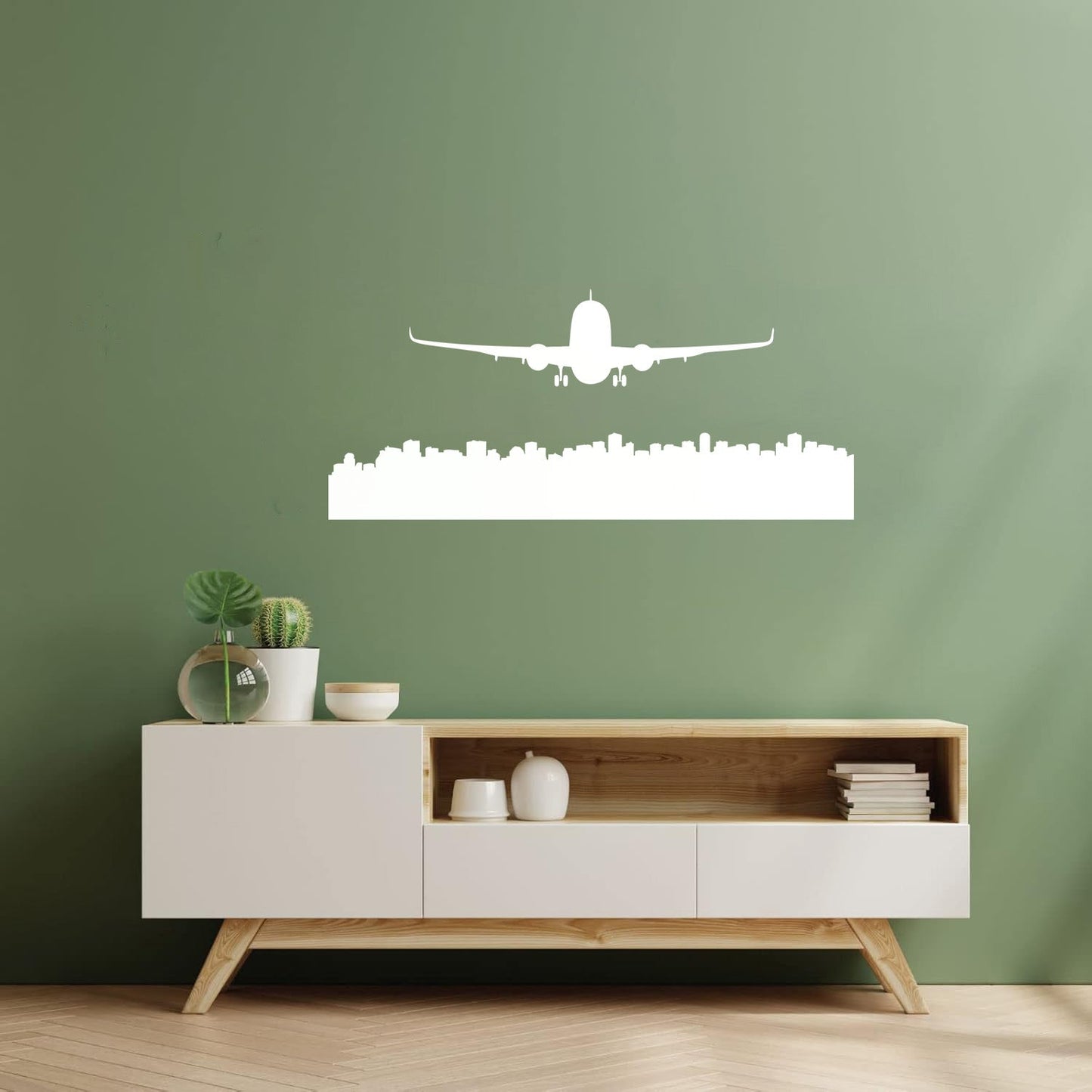 Skyscraper Skyline City Country Silhouette Airplane Plane Lettering Decals Glass Stickers