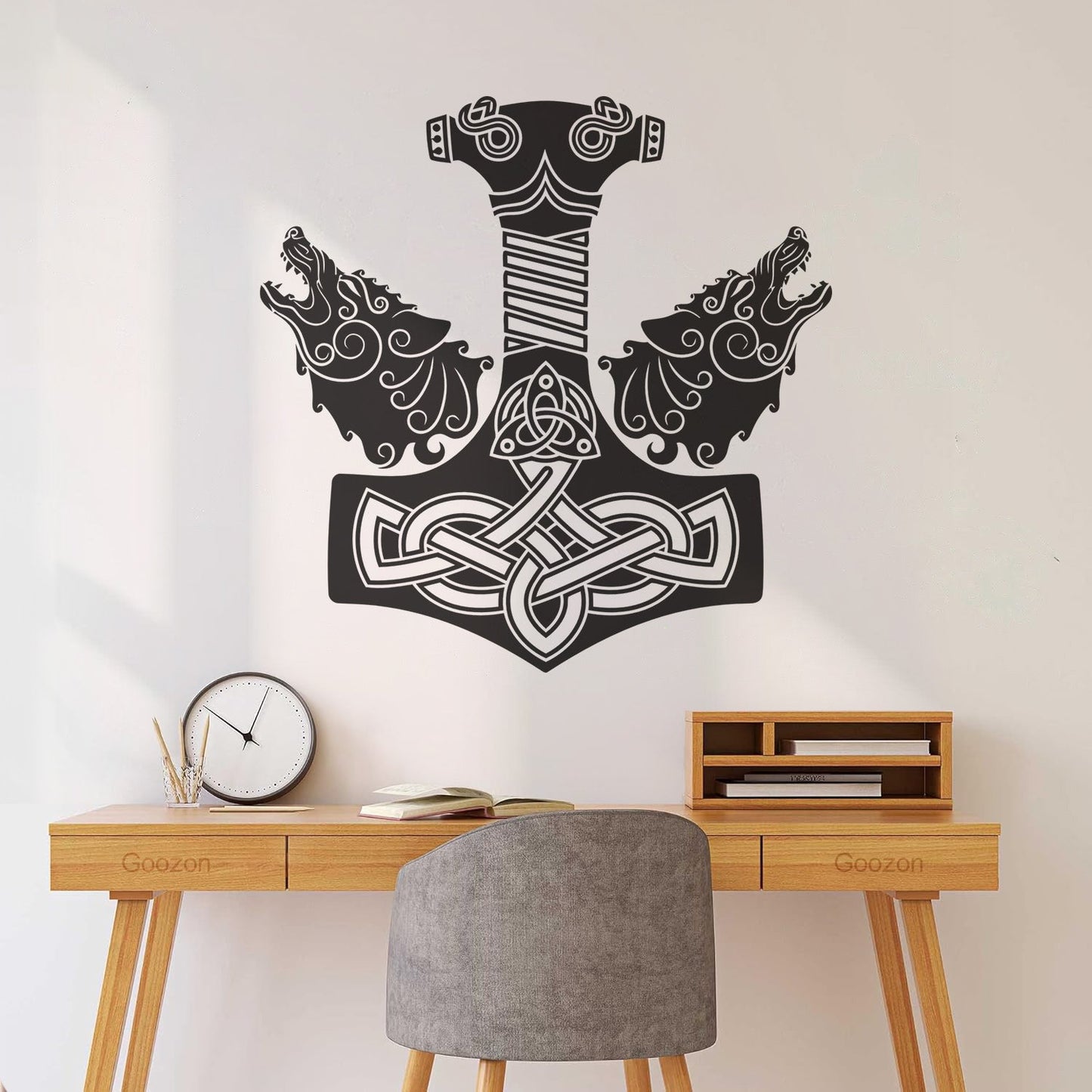 Wall Decals Pvc Celtic Ornament Viking Sword Handle Two Wolf Heads Multi Color Selection