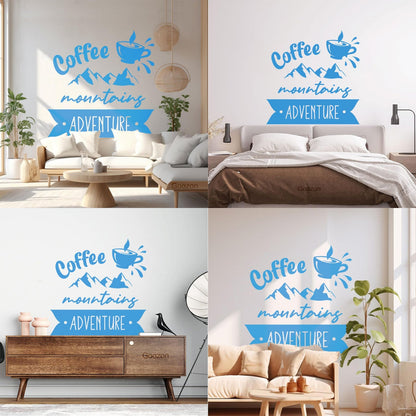 Mountains Adventure Coffee Cup Lettering Tourism Engraving Stickers Multi Color Selection