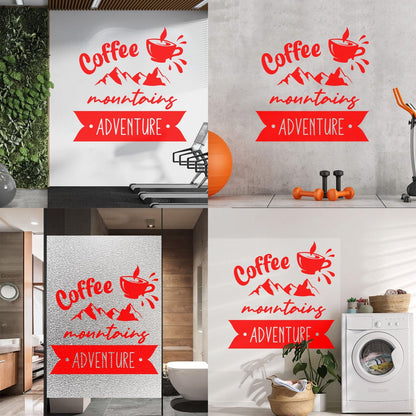 Mountains Adventure Coffee Cup Lettering Tourism Engraving Stickers Multi Color Selection