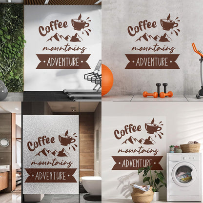 Mountains Adventure Coffee Cup Lettering Tourism Engraving Stickers Multi Color Selection