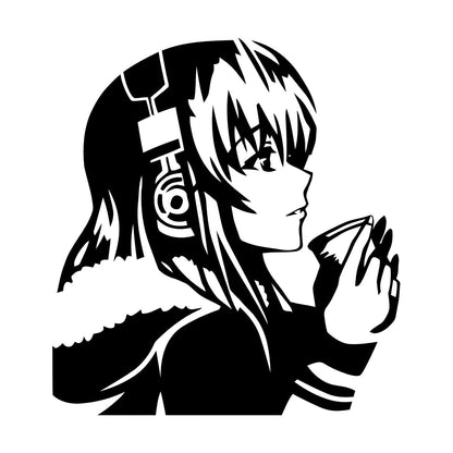 Beautiful Anime Girl With Coffee Headphones Lettering Decals Self Adhesive