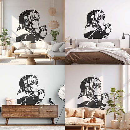 Beautiful Anime Girl With Coffee Headphones Lettering Decals Self Adhesive