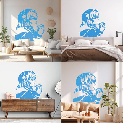 Beautiful Anime Girl With Coffee Headphones Lettering Decals Self Adhesive