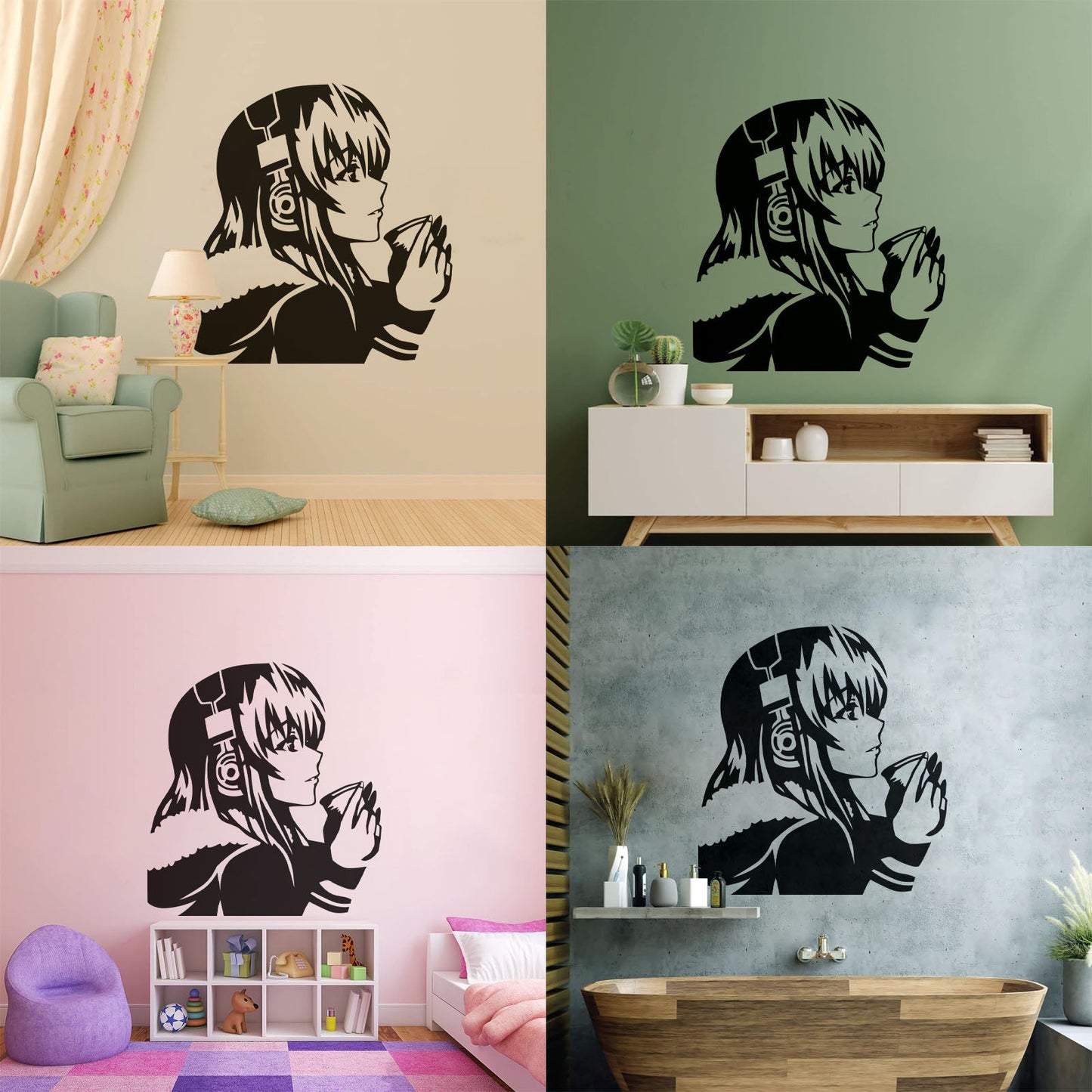 Beautiful Anime Girl With Coffee Headphones Lettering Decals Self Adhesive