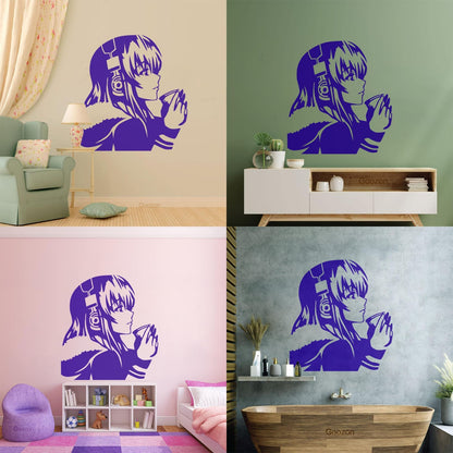 Beautiful Anime Girl With Coffee Headphones Lettering Decals Self Adhesive