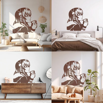 Beautiful Anime Girl With Coffee Headphones Lettering Decals Self Adhesive
