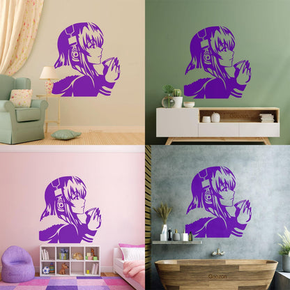 Beautiful Anime Girl With Coffee Headphones Lettering Decals Self Adhesive