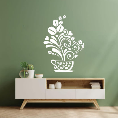 Vinyl Wall Stickers Floral Coffee Beans Cups Cafe Kitchen It Won'T Fall Off