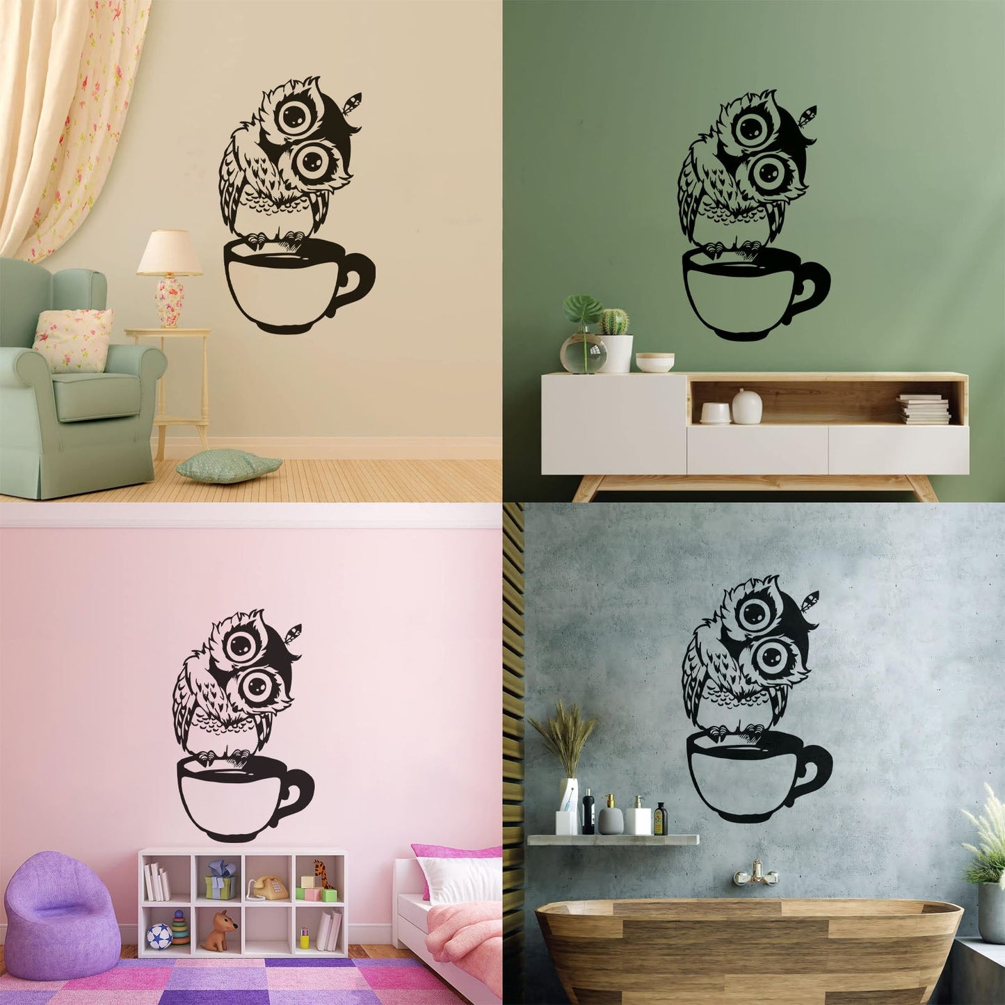 Vinyl Wall Decals Funny Cartoon Owl Cup Of Tea Coffee Kitchen Can Modify And Add Information