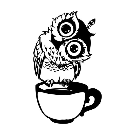 Vinyl Wall Decals Funny Cartoon Owl Cup Of Tea Coffee Kitchen Can Modify And Add Information