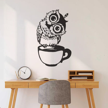 Vinyl Wall Decals Funny Cartoon Owl Cup Of Tea Coffee Kitchen Can Modify And Add Information