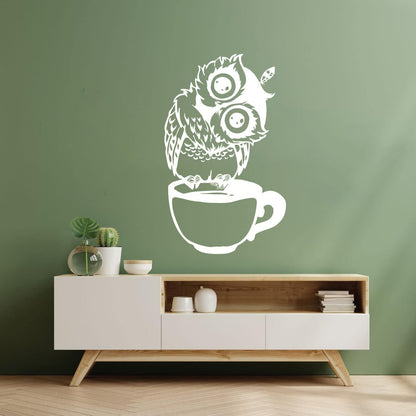 Vinyl Wall Decals Funny Cartoon Owl Cup Of Tea Coffee Kitchen Can Modify And Add Information