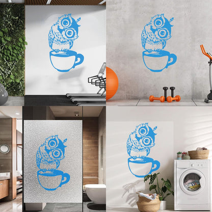 Vinyl Wall Decals Funny Cartoon Owl Cup Of Tea Coffee Kitchen Can Modify And Add Information