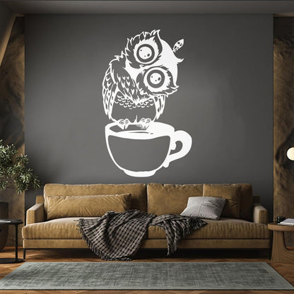 Vinyl Wall Decals Funny Cartoon Owl Cup Of Tea Coffee Kitchen Can Modify And Add Information