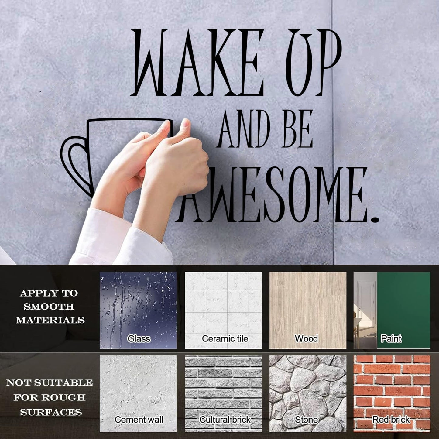 Wall Vinyl Sticker Decor Motivation Quote Coffee Wake Up And Be Awesome It Won'T Fall Off