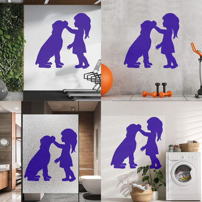 Engraving Stickers Silhouette Girl With Dog Pet Home Removable Without Leaving Glue