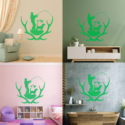Wall Decals Pvc Silhouette Hunter With Dog Hunting Dog Deer Antlers Do Not Damage The Wall Surface