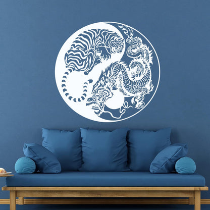 Wall Vinyl Sticker Decor Yin And Yang Dragon And Tiger Fighting Predators Meditation Art Decoration