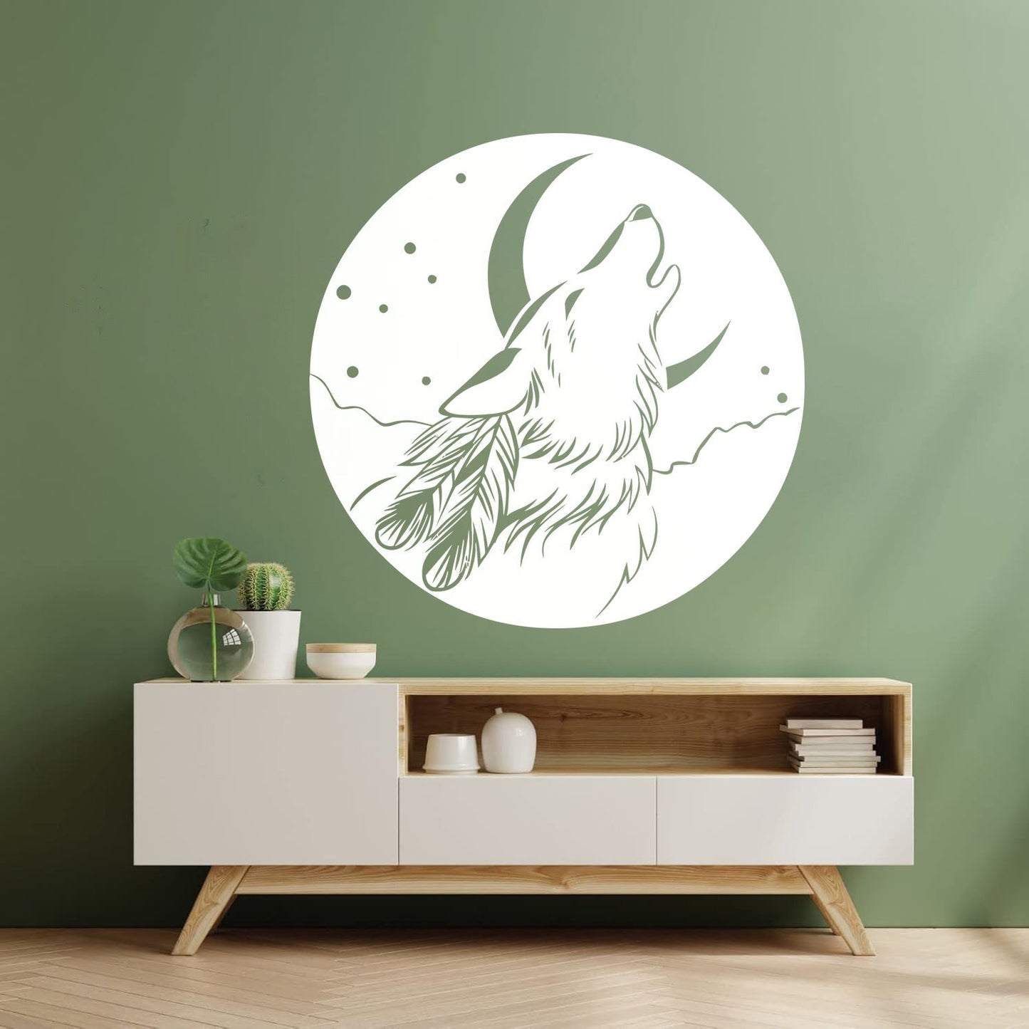 Vinyl Wall Stickers Abstract Moon Howling Wolf Head Feathers Multi Color Selection