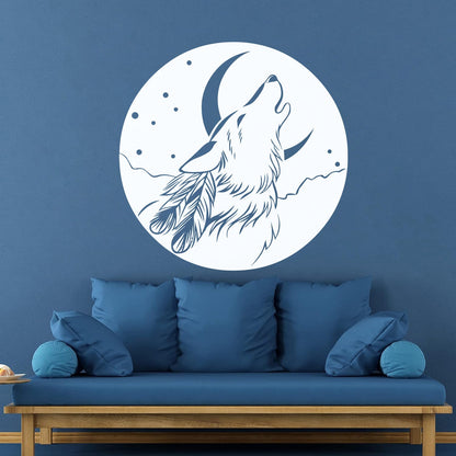 Vinyl Wall Stickers Abstract Moon Howling Wolf Head Feathers Multi Color Selection