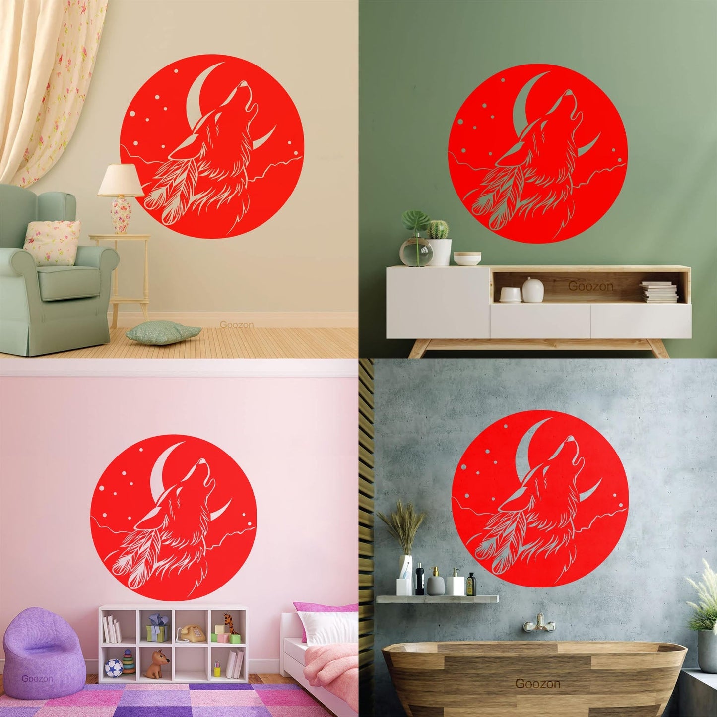 Vinyl Wall Stickers Abstract Moon Howling Wolf Head Feathers Multi Color Selection