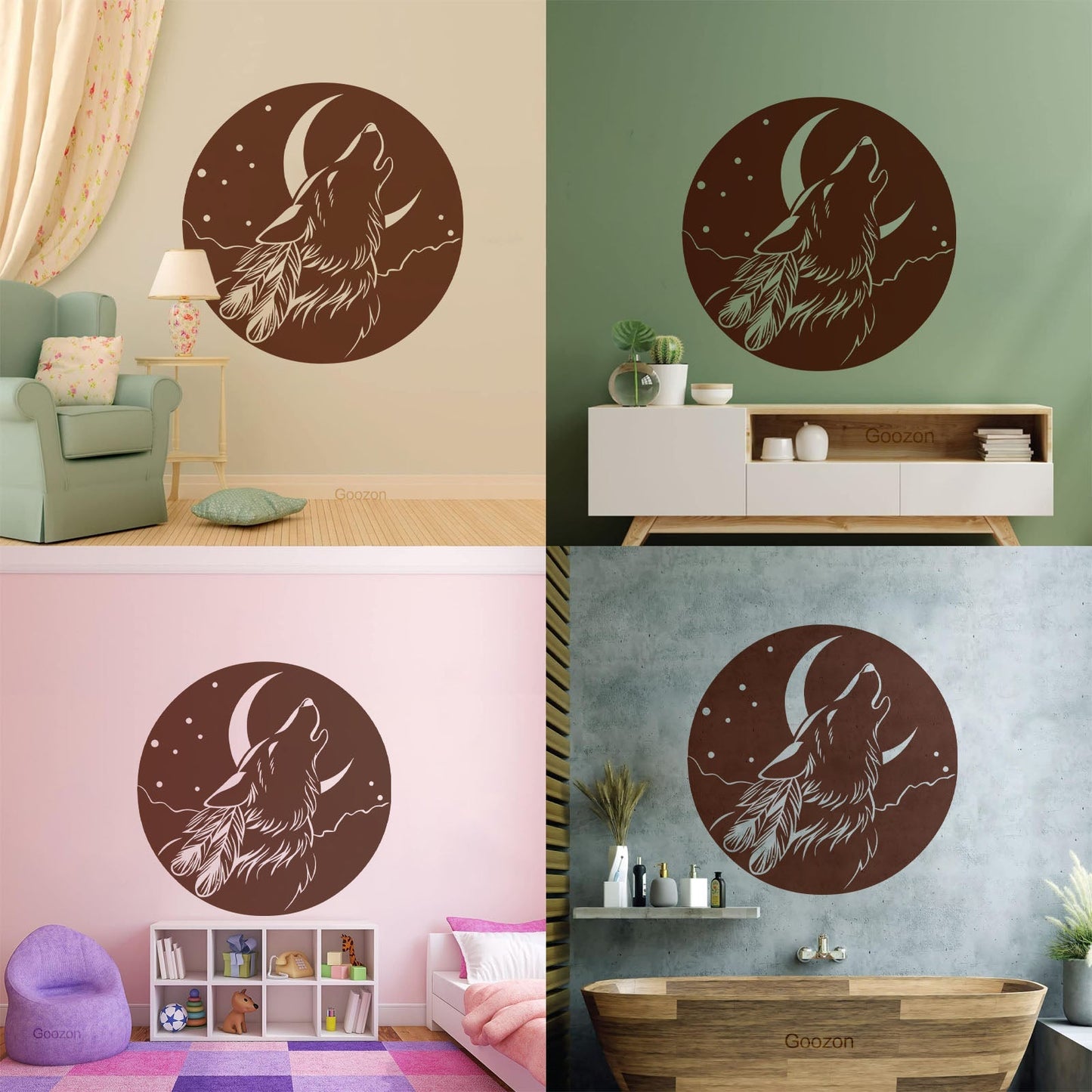 Vinyl Wall Stickers Abstract Moon Howling Wolf Head Feathers Multi Color Selection