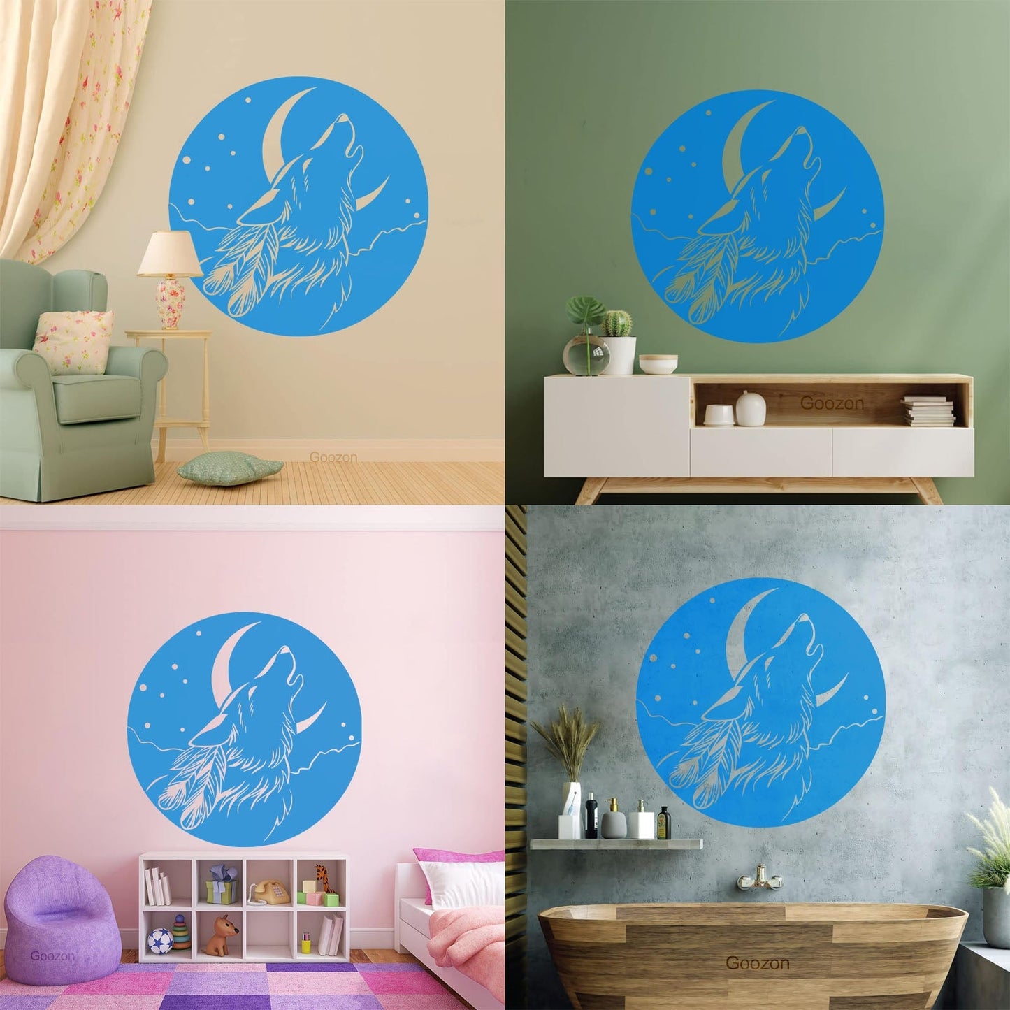 Vinyl Wall Stickers Abstract Moon Howling Wolf Head Feathers Multi Color Selection