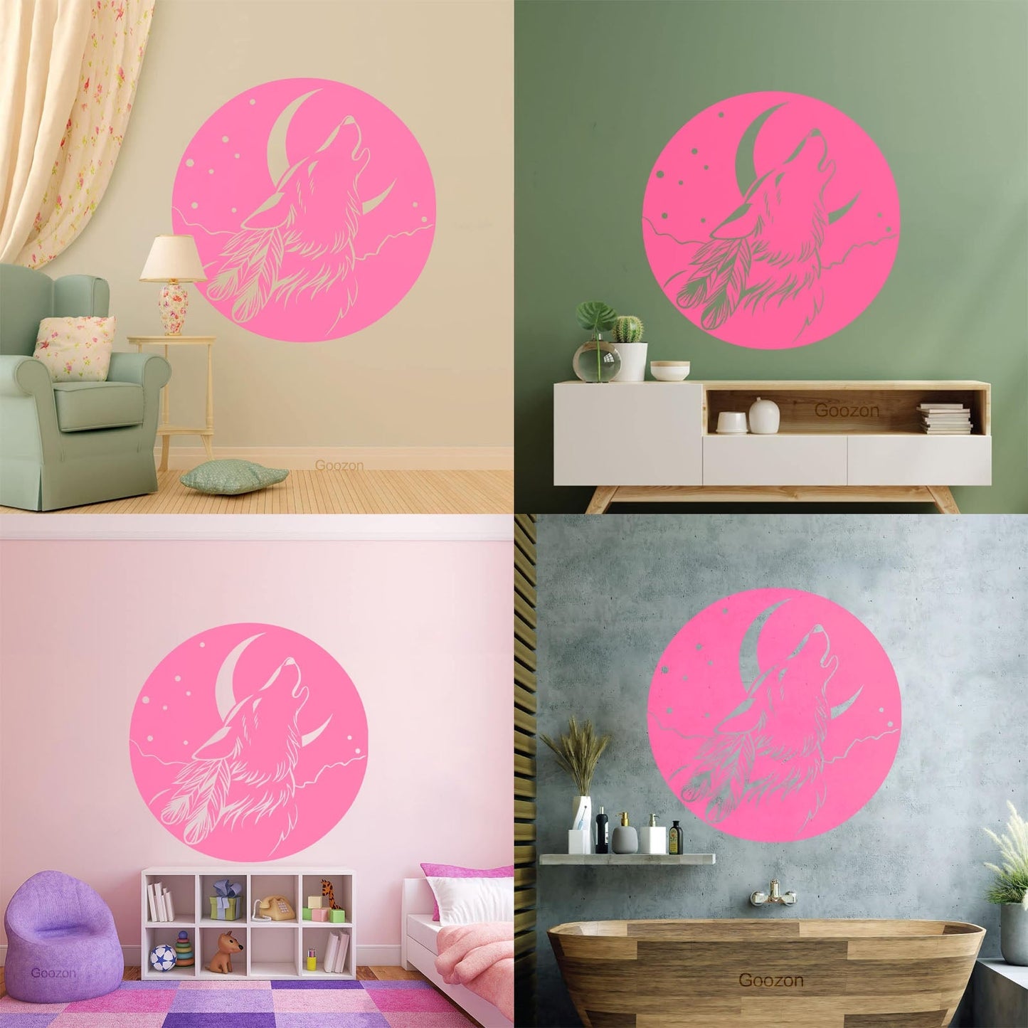 Vinyl Wall Stickers Abstract Moon Howling Wolf Head Feathers Multi Color Selection