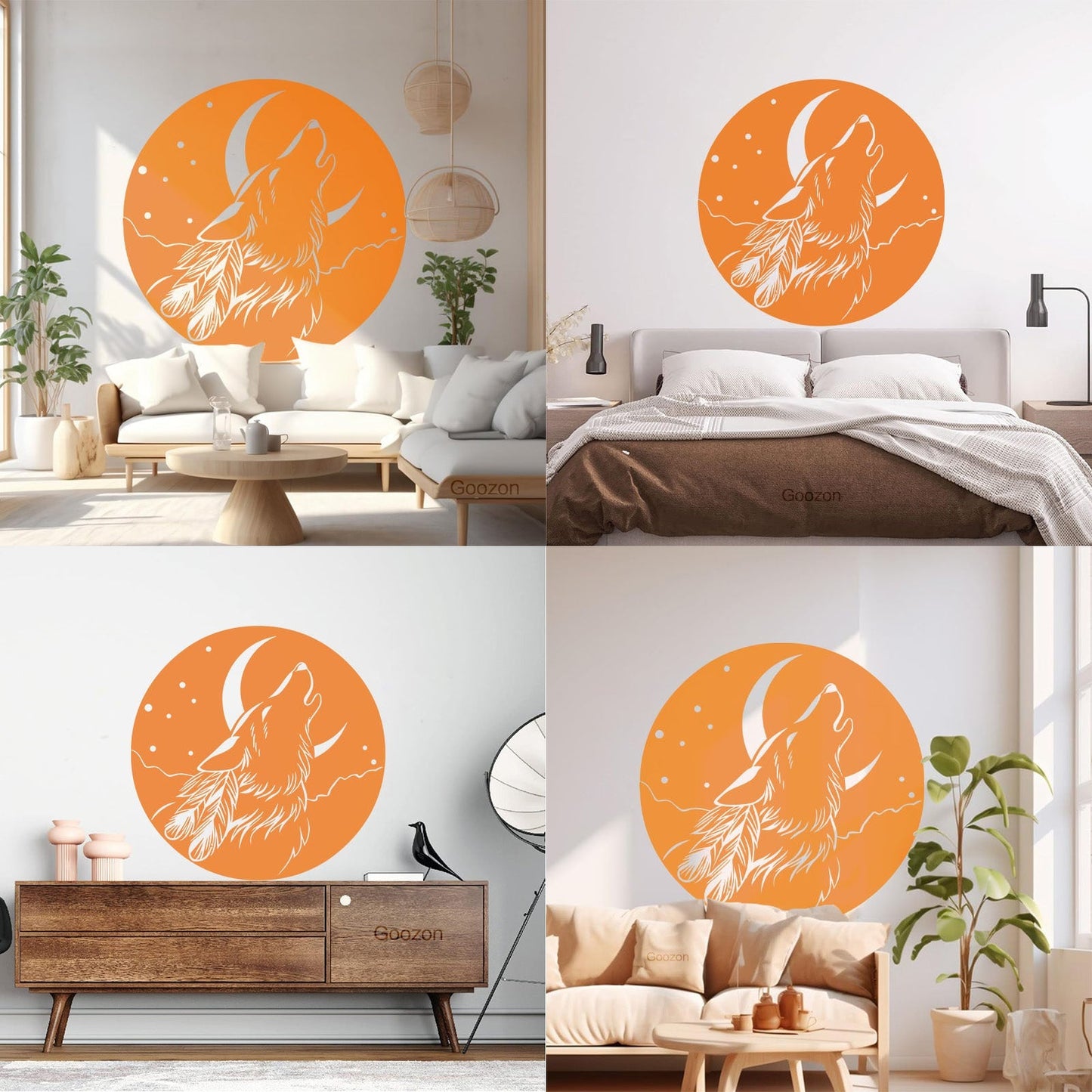 Vinyl Wall Stickers Abstract Moon Howling Wolf Head Feathers Multi Color Selection